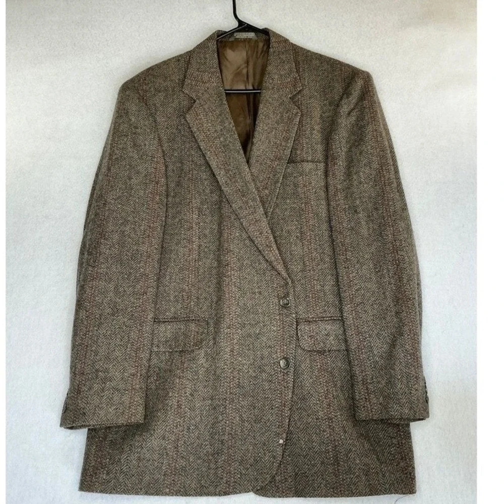 Imperial by Haggar Blazer Mens 46L‎ Brown Wool Herringbone Striped Sport Coat - Picture 2 of 11